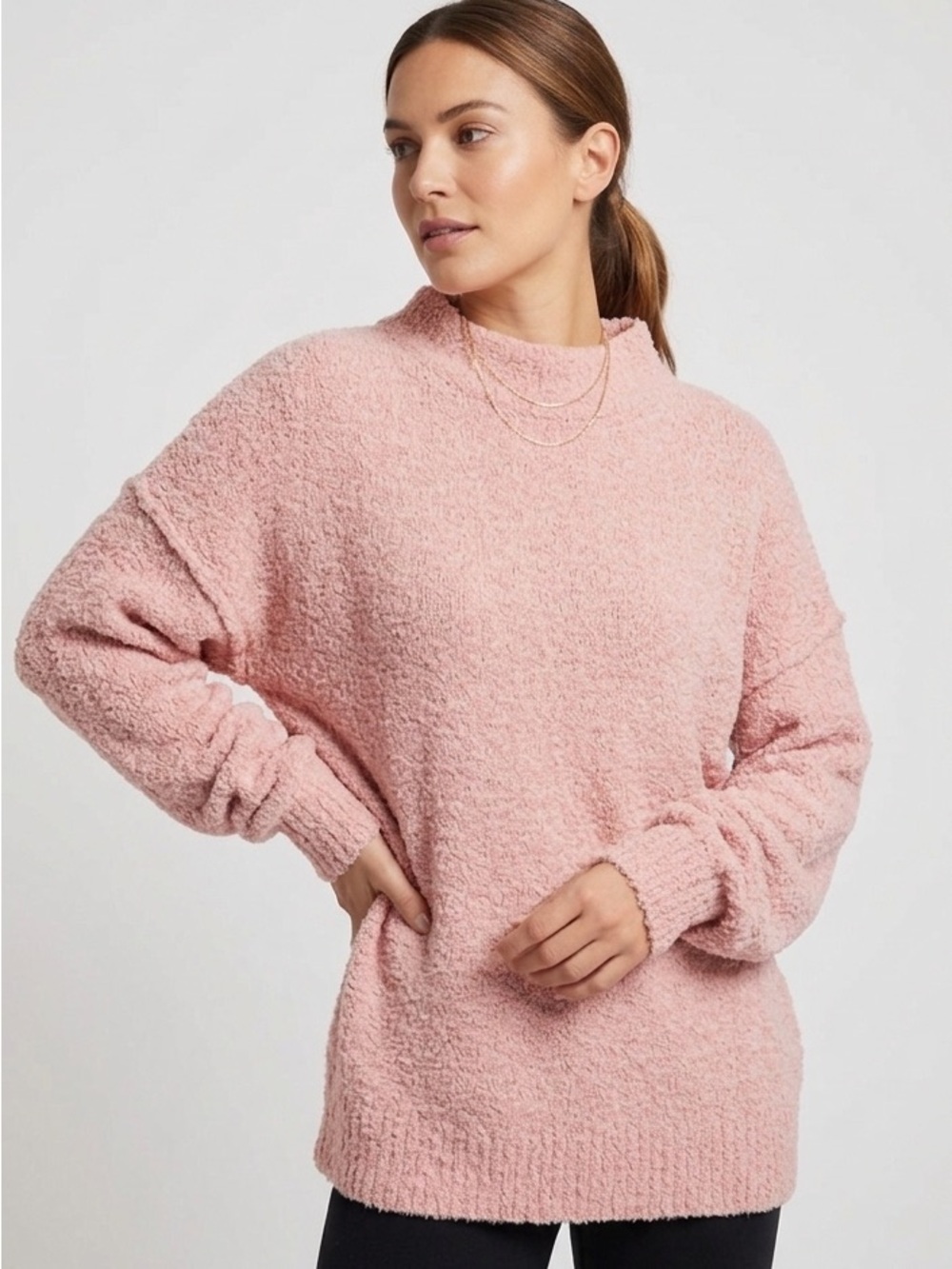 JOE FRESH Pink Bouclé Knit Mock Neck Sweater - Medium